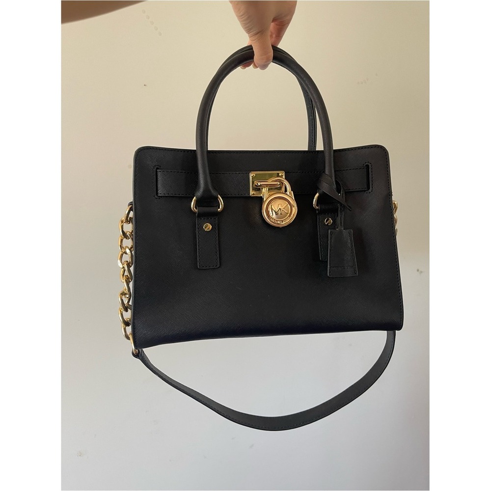Michael Kors Black Saffiano Leather Satchel Gold Chain Lock Bag